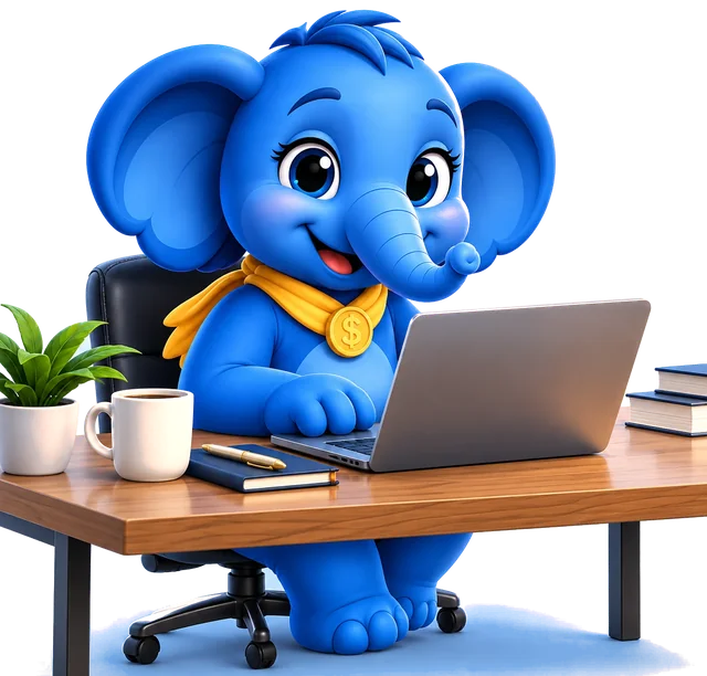 Elena at her desk reviewing her laptop